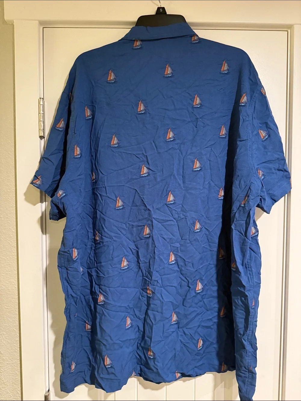 Well Worn Blue Short-Sleeve Button-Down Shirt with Sailboat Motif